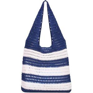 Women's Navy Blue Crochet Bag Cute Mesh Summer Knitted Shoulder Beach Tote Bags